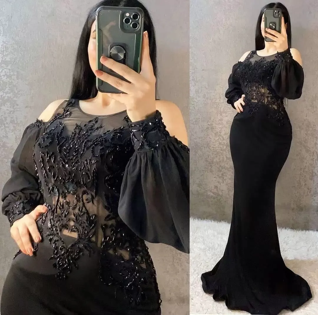 Elegante arabo Aso Ebi Abiti da sera con perline neri Manica lunga Tromba Abiti da cerimonia formale Girocollo Abito da ballo a sirena Robe De Soriee