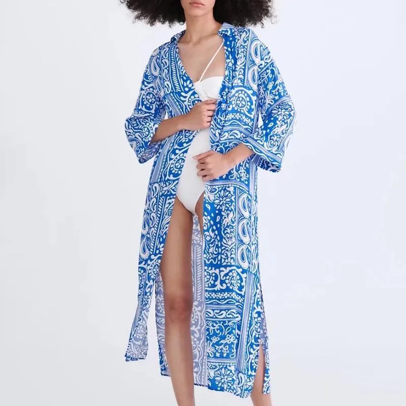 Casual Dresses Spring Women Fashion Printed Shirt Dress Long Sleeve Single-Breasted Lapel Slit Female Ozz1578Casual
