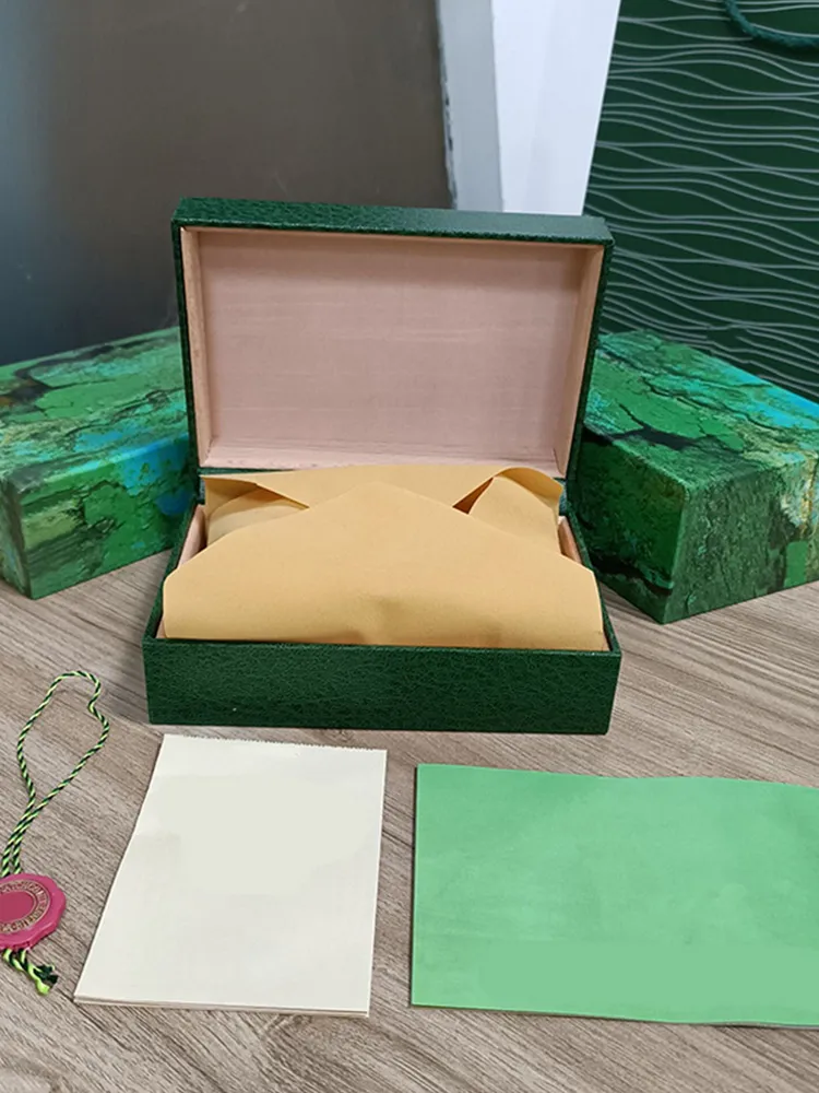Rolex Luxury Высококачественные зеленые коробки с зелеными коробками для бумажных пакетов Сертификат Оригинальные коробки для деревянных женщин мужские часы часы подарочные пакеты аксессуары сумочка HJD