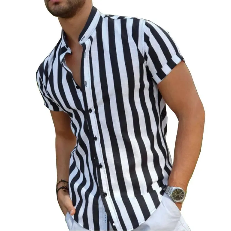 Camisas casuais masculinas masculinas de manga curta sem colarinho listrado henley camise