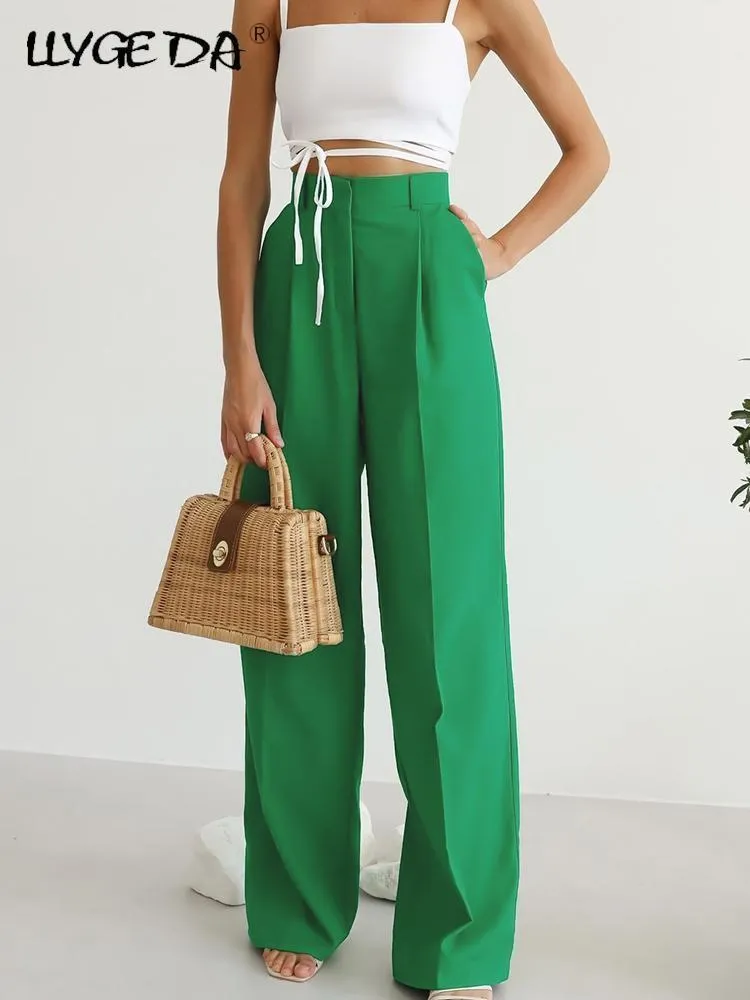 Kvinnor Casual Elegant Long Pants Green High midja bred benbyxor Kvinna Summer Chic Pocket Pocket Zipper Office Ladies Trousers 220816