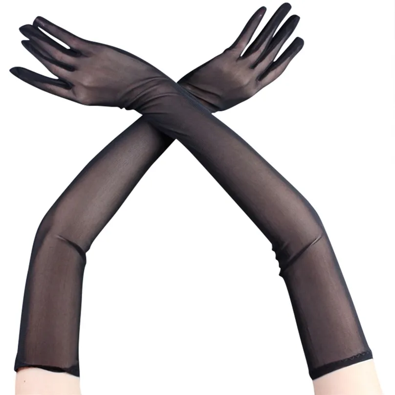 Dentelle sexy mince noir creux transparent longs gants doux respirant solide net yarn femme homme performance fête élasticité 220726