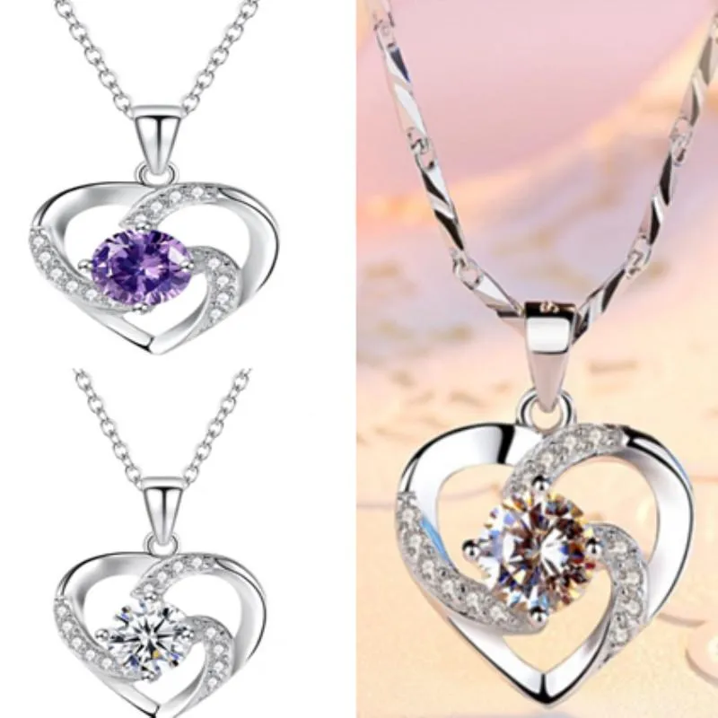 Pendentif Colliers Éternel Cristal Coeur Plaqué Or Diamant Saphir Collier Cadeau Couple SouvenirPendentif