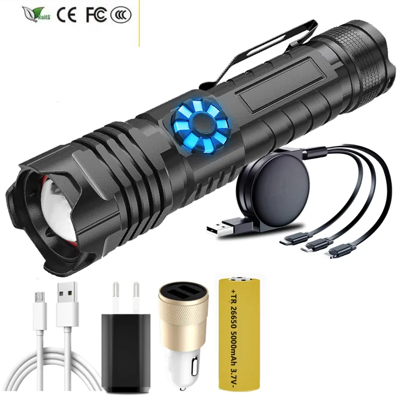 Novo PowerBank Torch Alumínio Zoomable lanterna escândalo XHP180 18650 lanterna LED de bateria Tipo-C USB recarregável