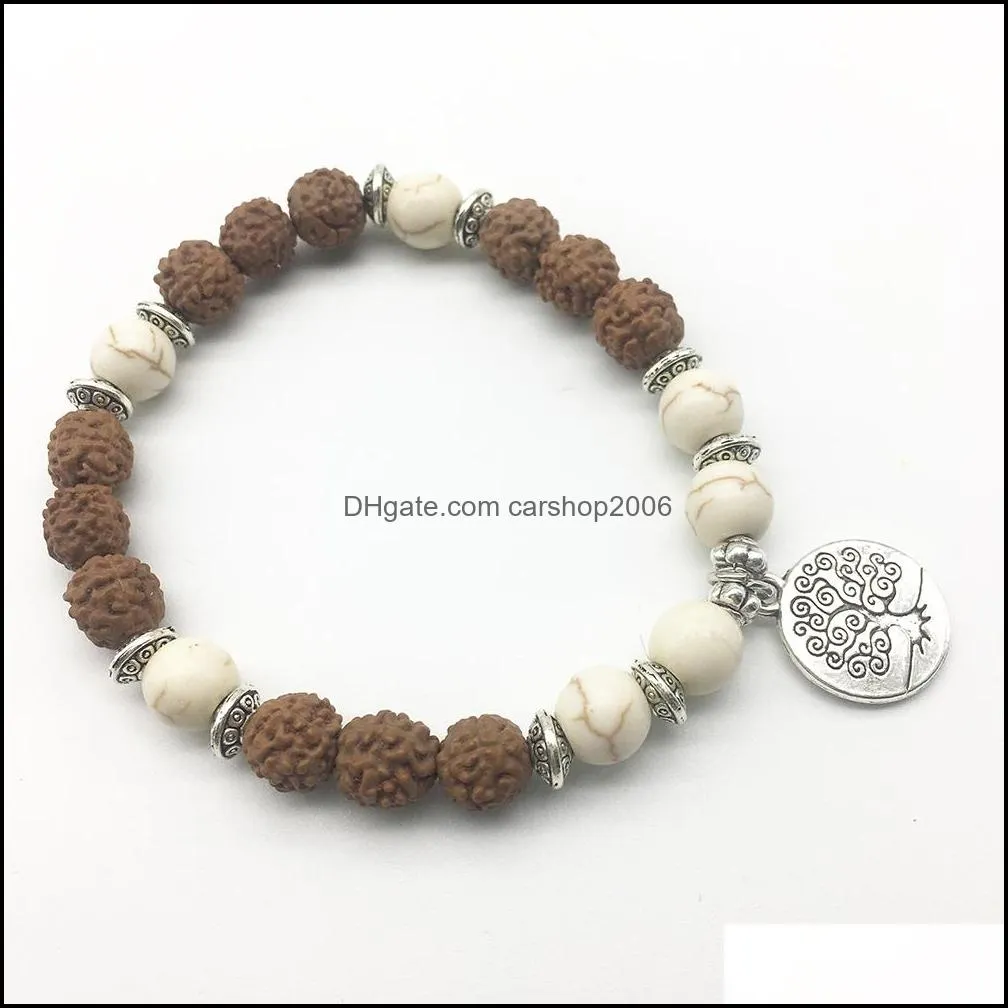 SN1306 Designer 2018 Men`s Bracelet Hot Sale White Turquoise Bracelet Rudraksha Beads Tree of Life Charm Jewelry Wholesale