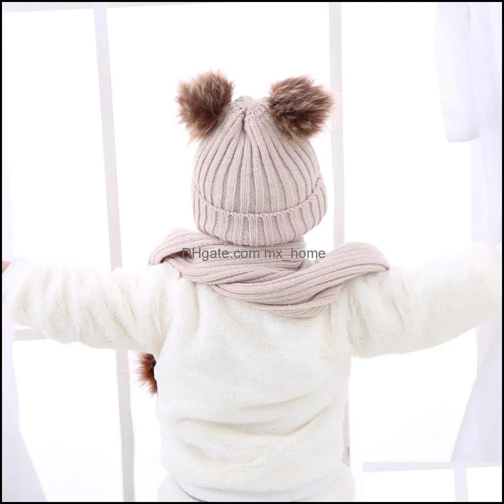 new autumn winter baby kids faux fur ball knitted hat scarf set children knitwear beanie skull cap scarf 15174