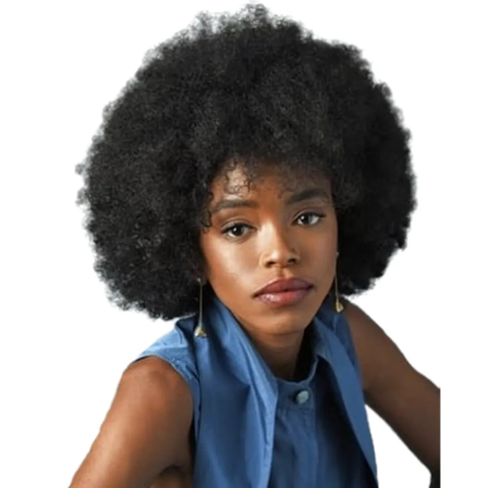 Afro kinky curly peruks kvinnlig 6 tum kort maskin gjord peruk för kvinnor bra kvalitet människohår svart cosplay peruk med lugg