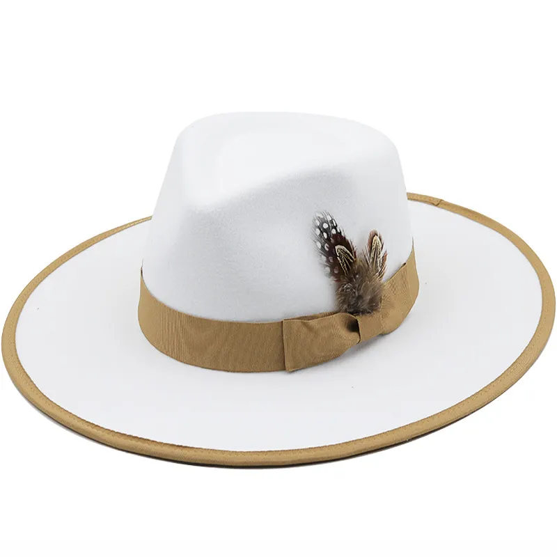 قبعة فيدوراس بيضاء خريفية من الريش للنساء قبعات الكنيسة للسيدات ذات الحواف المسطحة العصرية قبعات الجاز الملبوسة للحفلات Chapeu Feminino