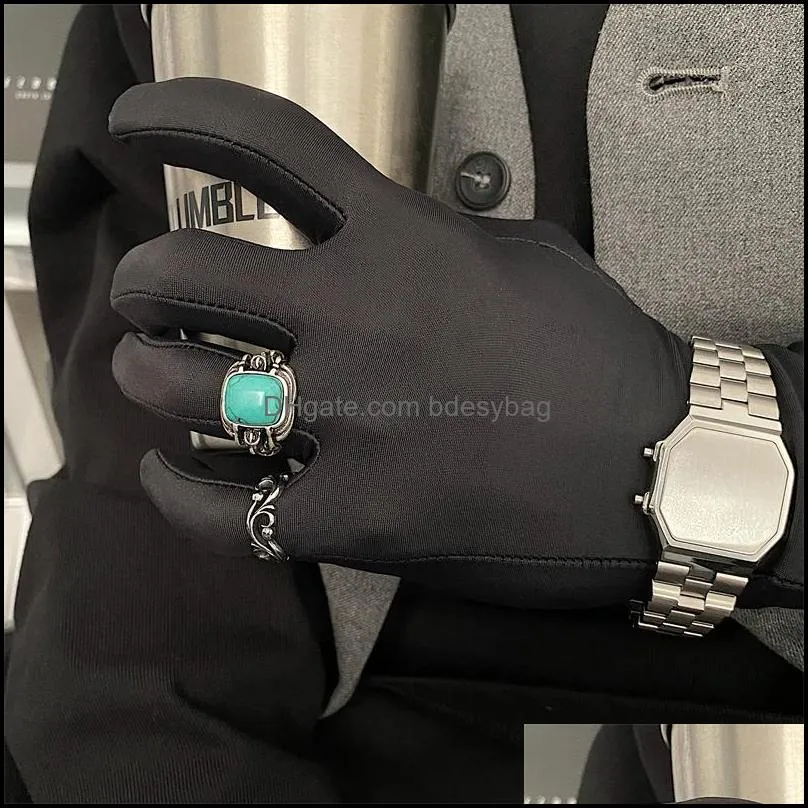 Retro Turquoise Ring Men`s Trendy Personality Engraving Titanium Steel Index Finger Thai Silver Fashion Street Jewelry