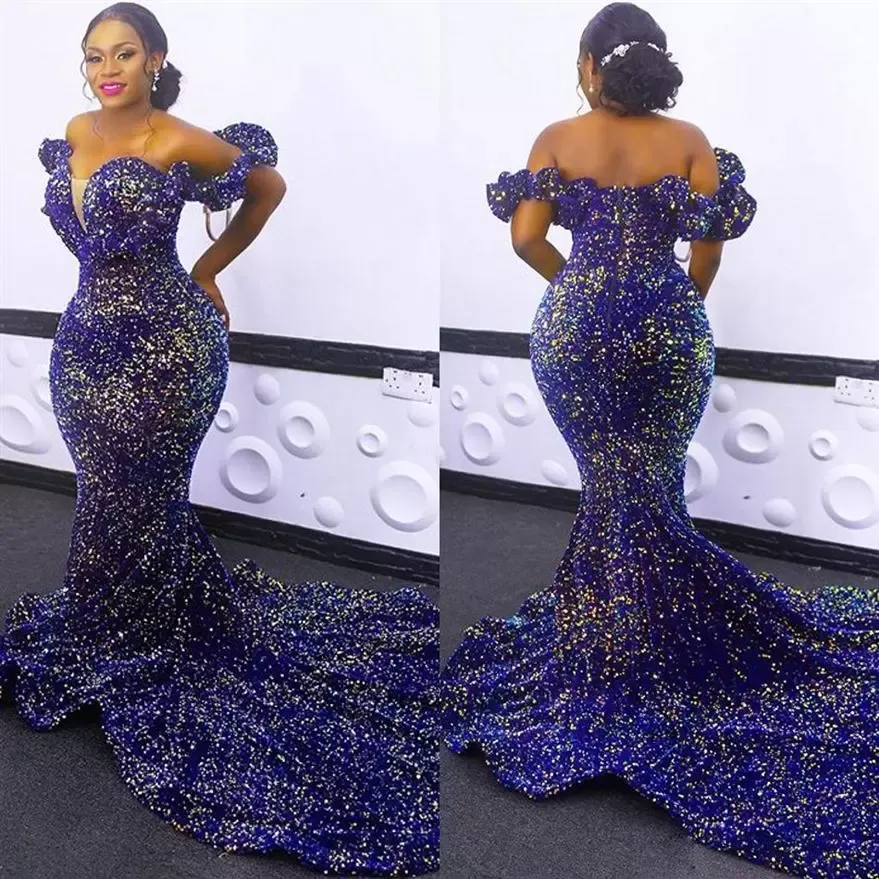 African Sequined Evening Dresses Plus Size Off Shoulder Mermaid Prom Gowns 2022 Red Carpet Robe De Soiree