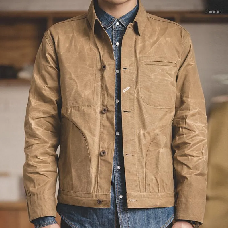 Men's Retro Waxed Canvas Cotton Jacket Military Lightweight Casual Spring Work Slim Fit Khaki Jackets