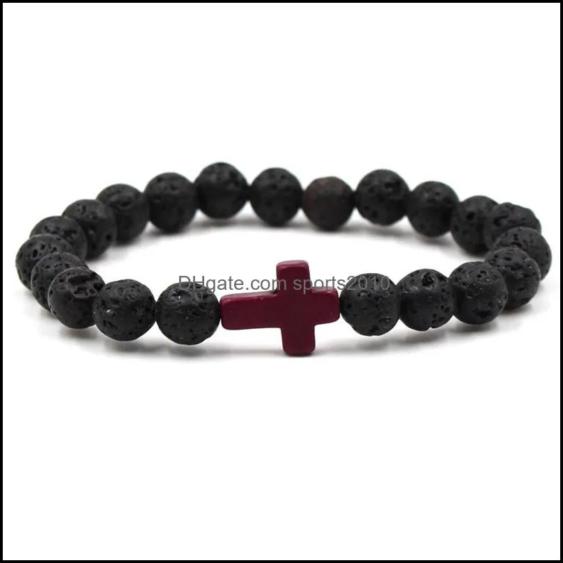 8mm black lava stone beads cross elastic strand bracelet bangle for women men jewelry sports2010