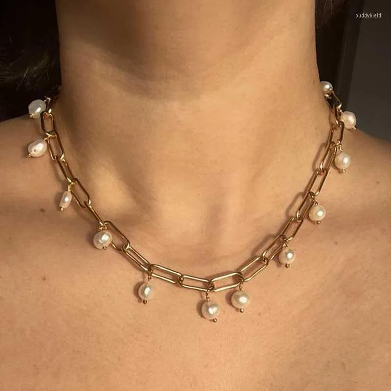 Catene Moda Punk Miami Perle simulate Collana a catena con nappa Collare Dichiarazione Gioielli da donna spessi color oro