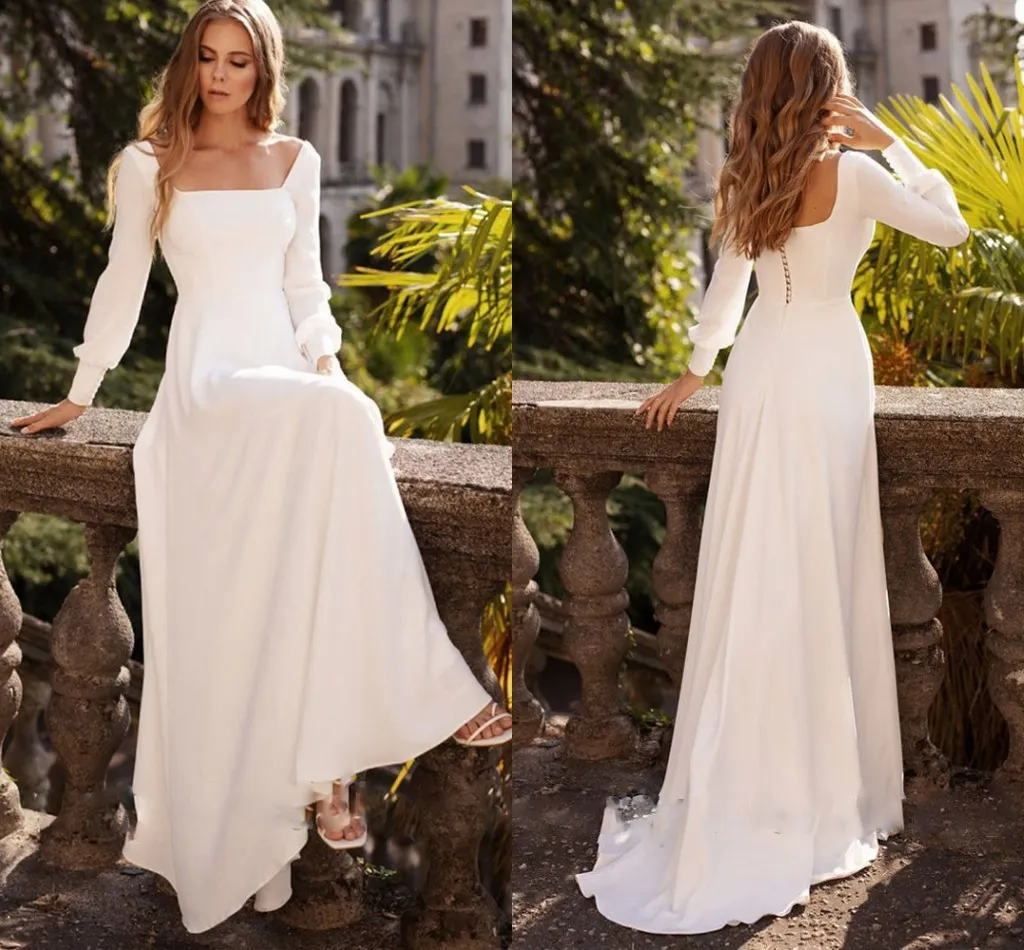 2022 Modest A Line Dress Bride For Women Simple Long Sleeves, Square Neck,  Soft Satin, Bride Gowns Vestidos De Noiva Mariage From Donnaweddingdress12,  $80.49