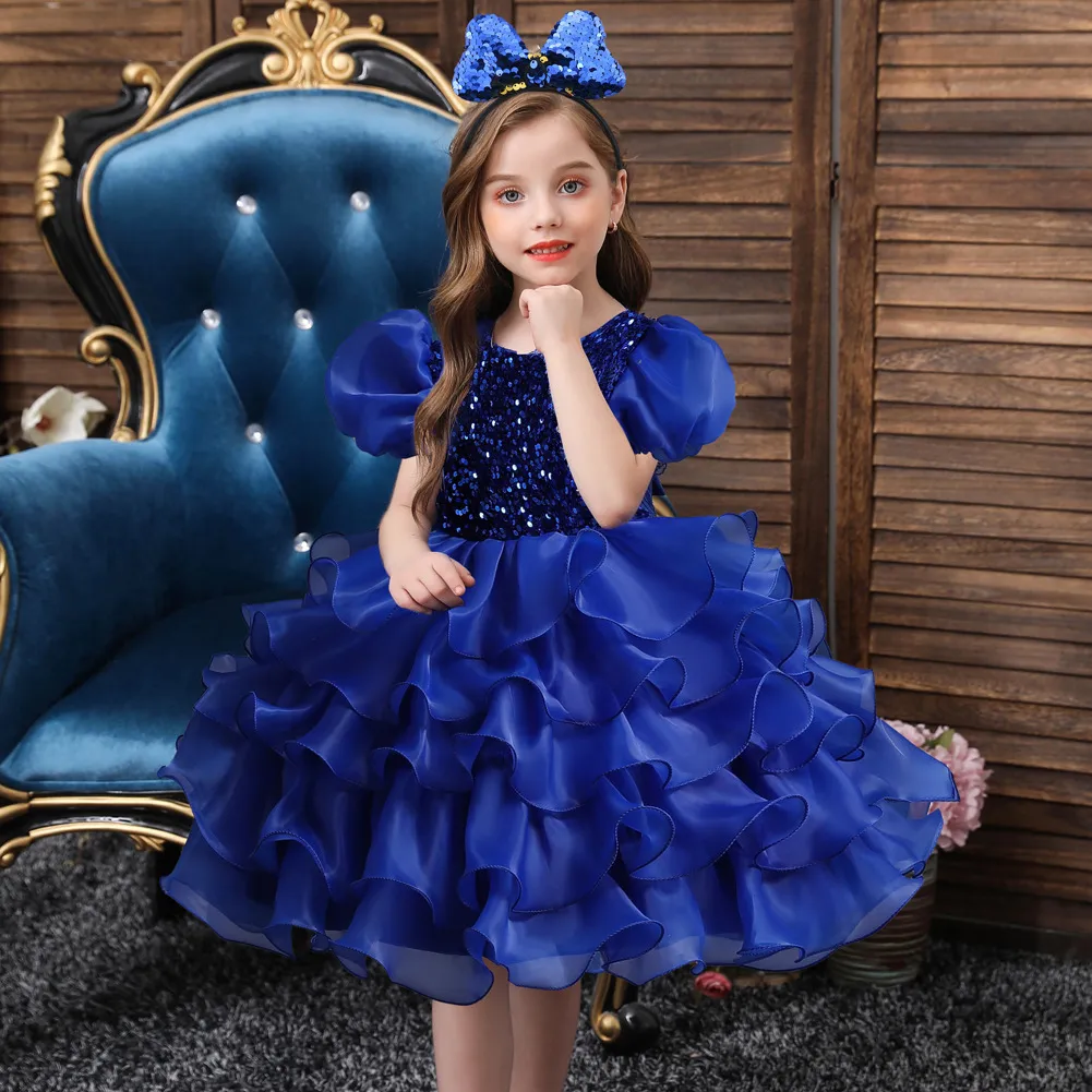 Filles manches bouffantes robe pour enfants filles robes de fleurs anniversaire fleur fille paillettes danse spectacle robe princesse robe bandeau FS7806