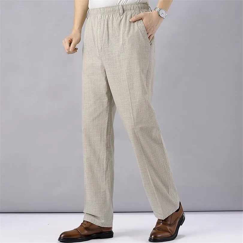 Heren hoge taille Trausers zomer broek kleding nieuwigheid linnen losse katoen elastische band dunne werk vintage brede poten 220330