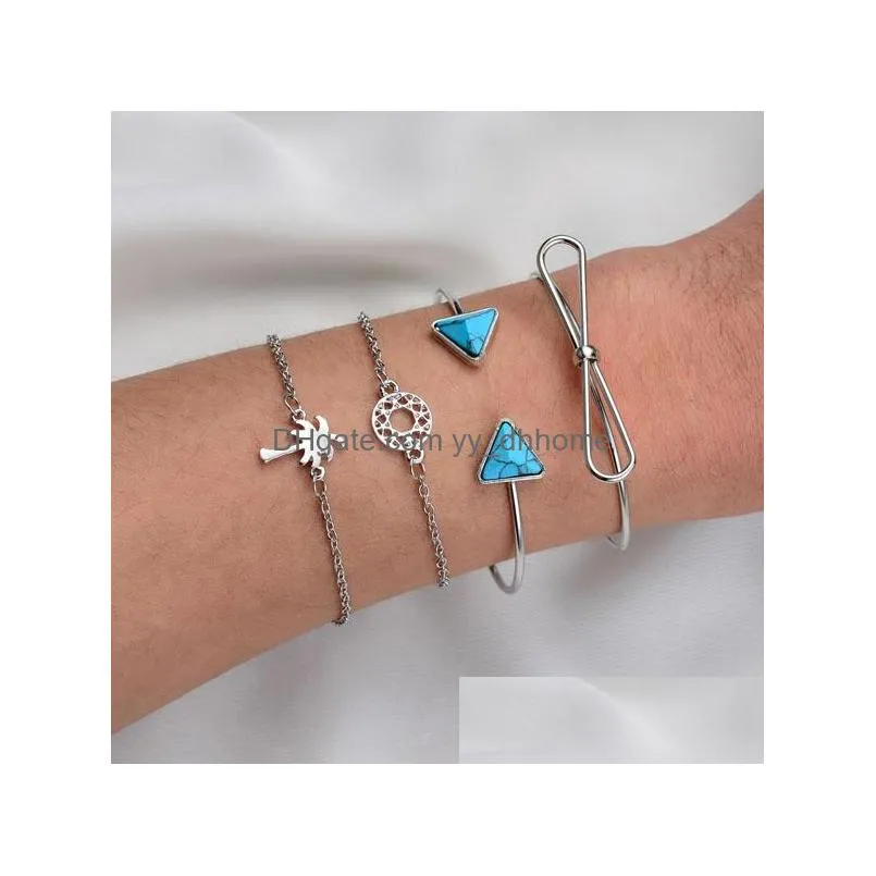 fashion jewelry vintage bracelet set triangle turquoise bowknot hollowed circle coconut palm 4pcs/set bracelets