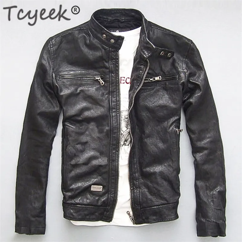100 Men s Genuine Leather Jacket Men Real Sheep Goat Black Brown Male Bomber Motorcycle Jackets Spring Autumn Mens Clothes 220718