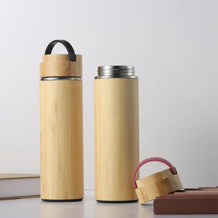 Creative bamboo water bottle vacuum insulated stainless steel cup with lid Tea strainer wooden Straight cup