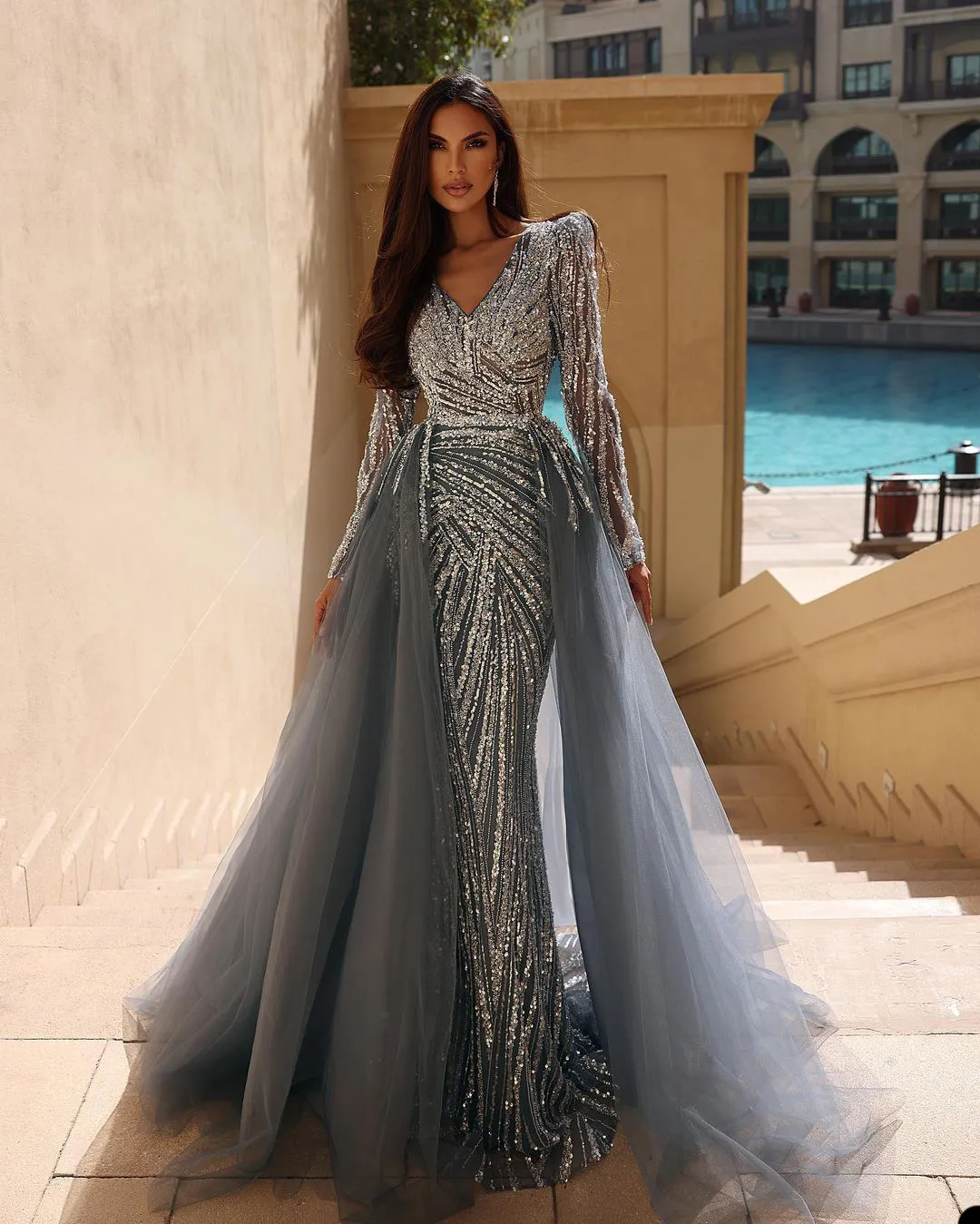 Élégant bleu ciel robe de bal paillettes détachable filet formation col en v gaine à manches longues robes de soirée personnalisées robe de Cocktail