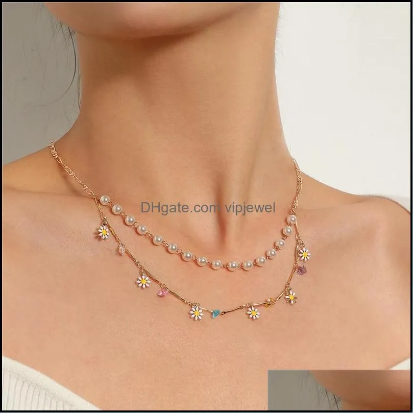 chokers 2021 fashion choker beads necklace for women daisy flower double-layer gold chunky necklaces white pearl rhinestone