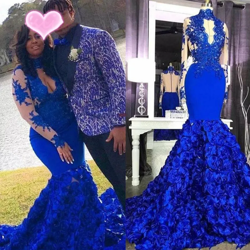 Plus Size Royal Blue Mermaid Prom Dresses For Black Girls Keyhole Neck Long Sleeve African Evening Bowns 2022 3D Florals Dress