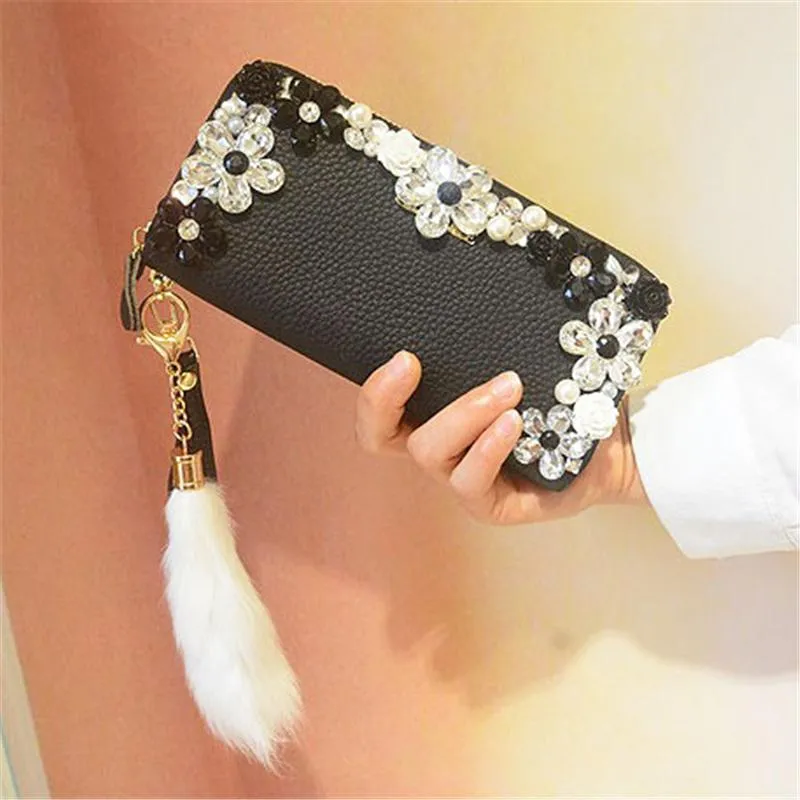 Plånböcker lyxiga handledsäckar kvinnor kristall koppling äkta läder handväskor mode blommor långa plånböcker 2022 lorväggar