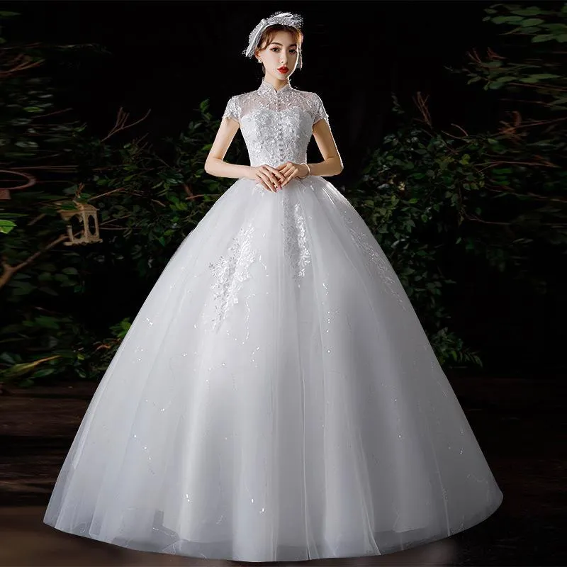 Andra bröllopsklänningar 2022 Hign Neck Vintage Dress Flower Beading Princess Ball klänning enkel brud cuatom gjorde vestido de noiva