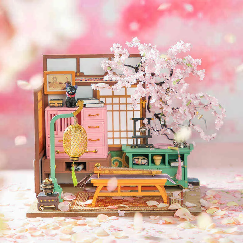 Robotime bricolage maison pour poupée 3D maison de poupée Miniature en bois avec papillon rose fée figurine jouets Kit de construction de maison de cerise