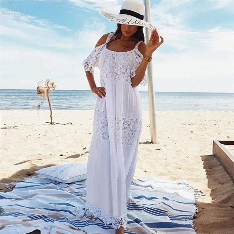 2021 Coton Patchwork Lace Beach Robe Long Cover Up Vestido Bathing Fissure Ups Page Sarong Robe de Page TUNIC # Q689 210320
