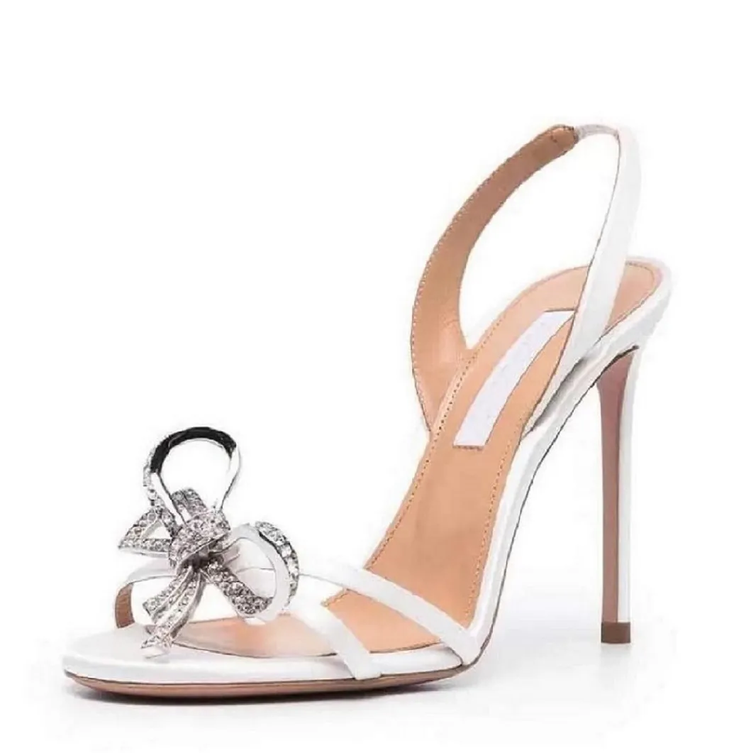 Summer Babe Sandals Shoes Crystal Bows Embelled Pumpar Feminine Stiletto Heel Evening Dress Sandalias Lady High Heels Box EU35-43