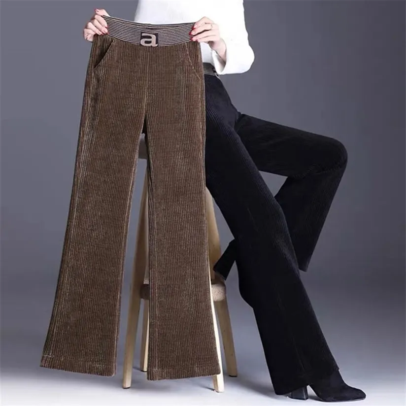 Casual Warm Corduroy Wide Leg Pant Koreanska Hög midja Lossa Rak Kvinna Tjockning Velvet Flare Broouser 220325