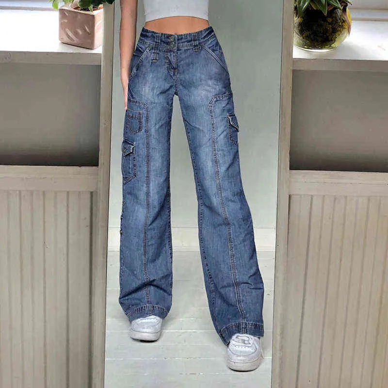 Vintage Denim Capris Y2k Jeans Streetwear Women High Waist Jeans Wide Leg Pockets Patchwork Baggy Cargo Pants Traf Jeans 2022 T220728