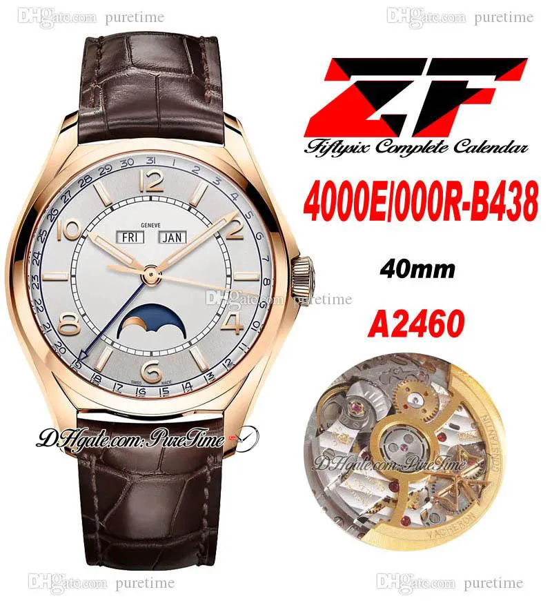 ZF Fiftysix Complete Calendar A2460 Автоматические мужские часы 40 мм Розовое золото Серебро Синий циферблат Фаза Луны Коричневый кожаный ремешок 4000E-000R-B065 Super Edition Puretime 02D4