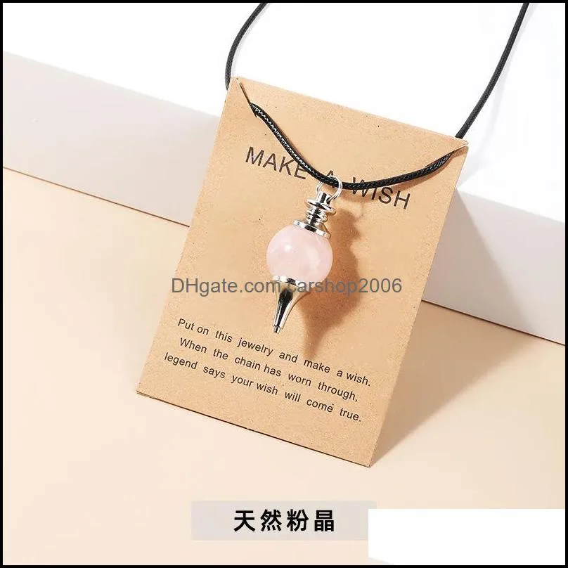 round natural stone pendulum pendant necklace rose quartz crystal make wish card necklaces healing for women men