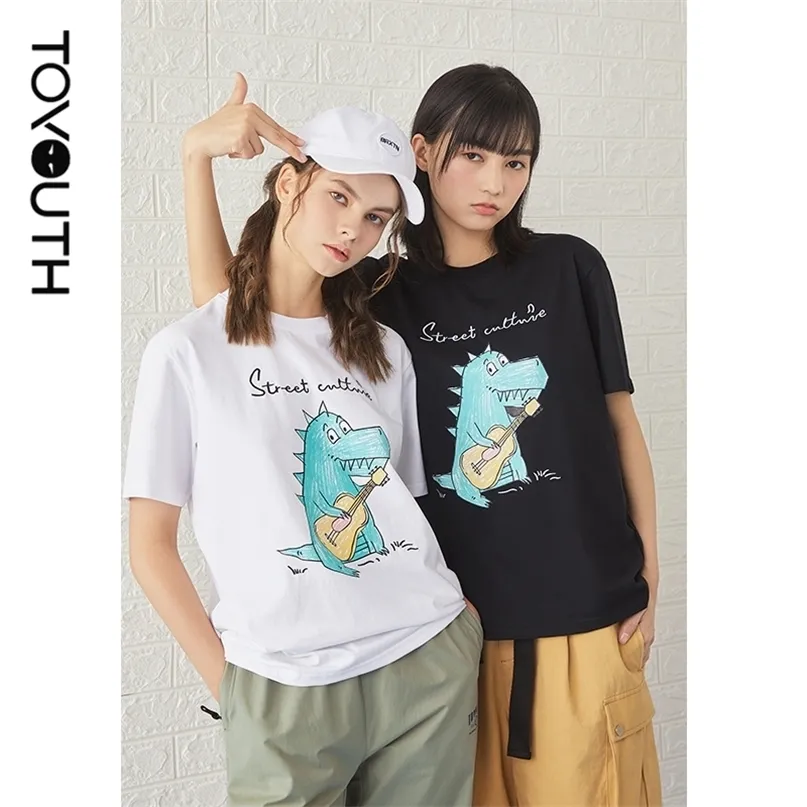 Toyouth Women Tees Summer Short Sleeve Round Neck Loose T-shirt Tecknad dinosaurie Tryck Bokstäver Broderi Leisure Tops 220514