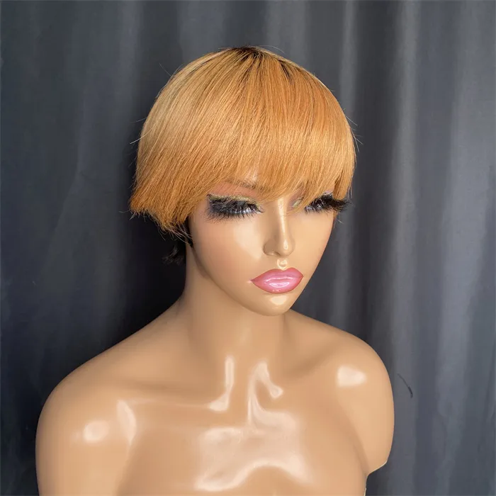 Straight Short Pixie Cut Wig For Black Women Peruvian Remy Human Hair With Bangs Wig Bob Wigs Pre Plucked Hairline On Sale