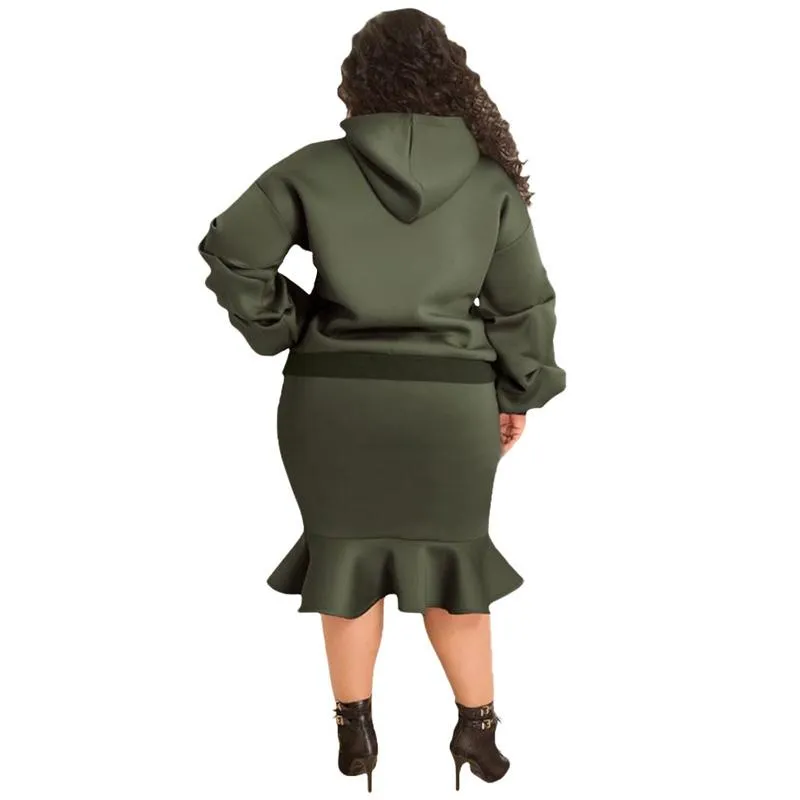 Kvinnors Plus Size Tracksuits Två Piece Set Kvinnor Kläder Sweatsuit Långärmad Hoodie Top High Waist Maxi Skirt Set Vinter Wholesale Drop