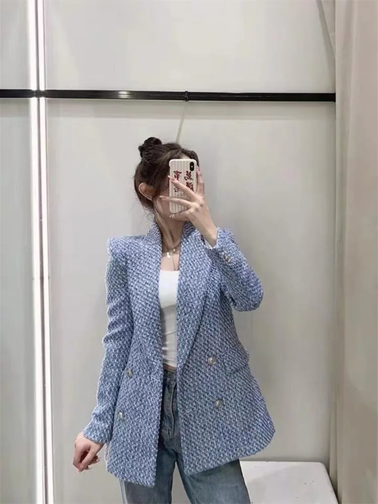 Kvinnor kostymer blazers kvinnor dubbelbröst blazer kappa vintage mode tweed långärmad klafffickor kvinnliga ytterkläder chic veste femme 2