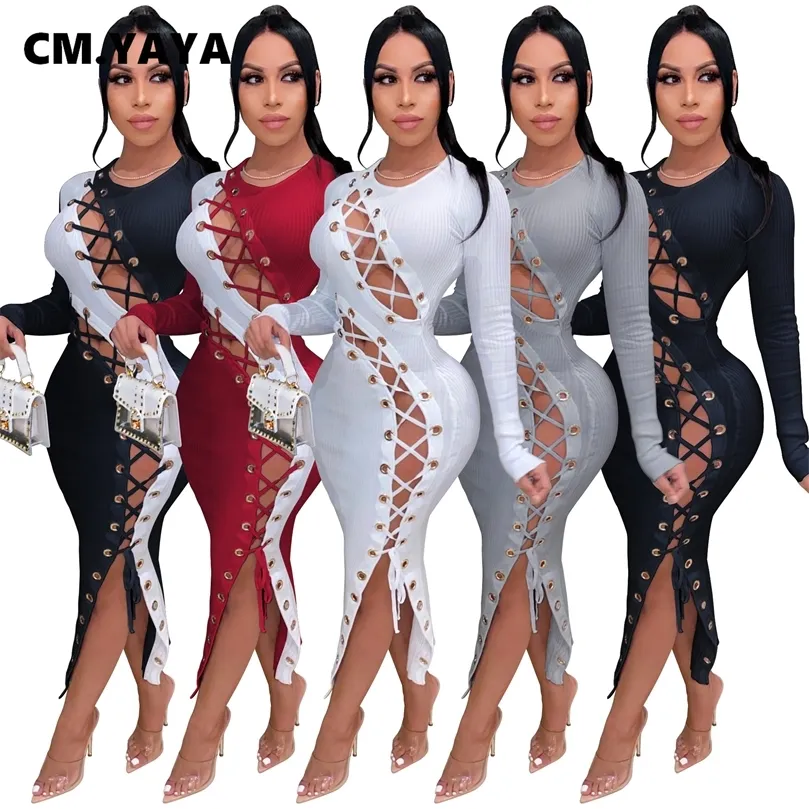 CM.YAYA Frauen Herbst Gestrickte Spitze Up Aushöhlen Sexy Bodycon Midi Maxi Kleid Sexy Club Party Gerippte Langarm Lange kleider 220516