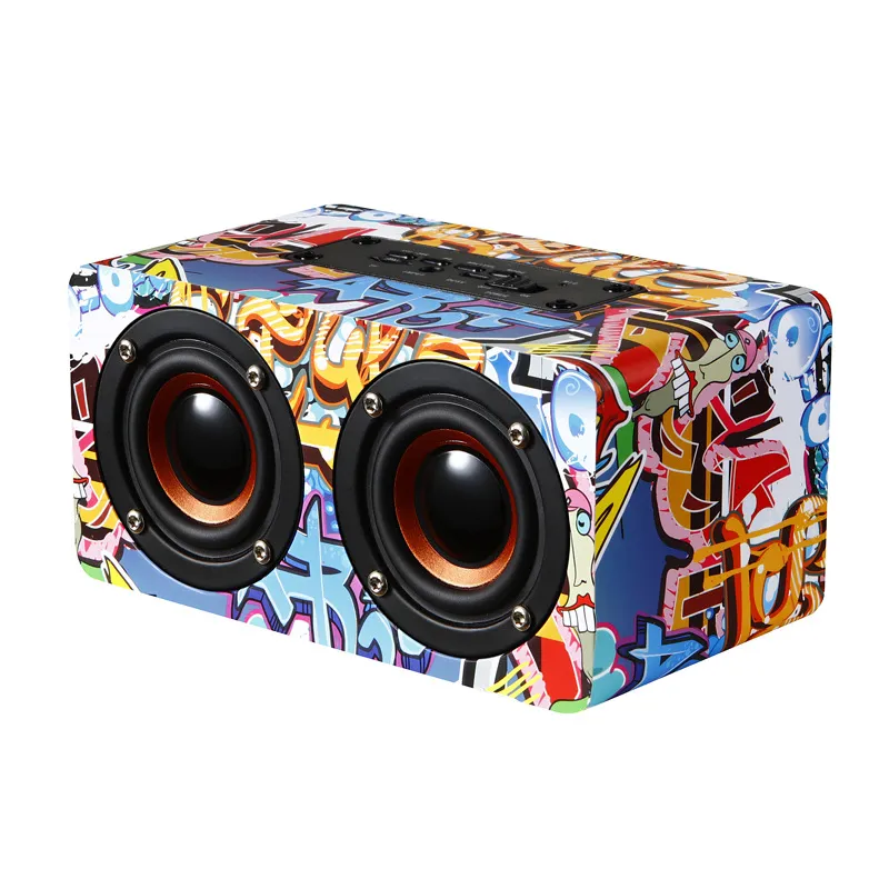 Haut-parleur en bois Bluetooth, haut-parleur sans fil, Radio FM, Support mains libres, carte TF, caisson de basses, style Graffiti, décoration de maison