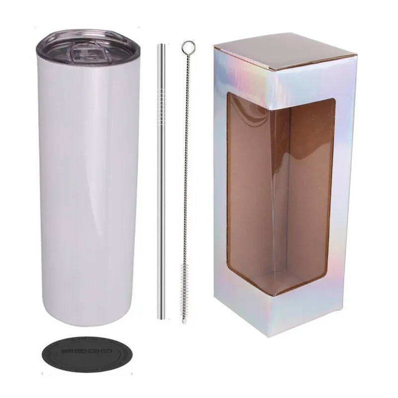 Sublimation Blanks 20oz Straight Tumbler Double Wall Stainless Steel Insulated Coffee Cups Mug Seal Lid Metal Straw Holographic Box Packaging With Window