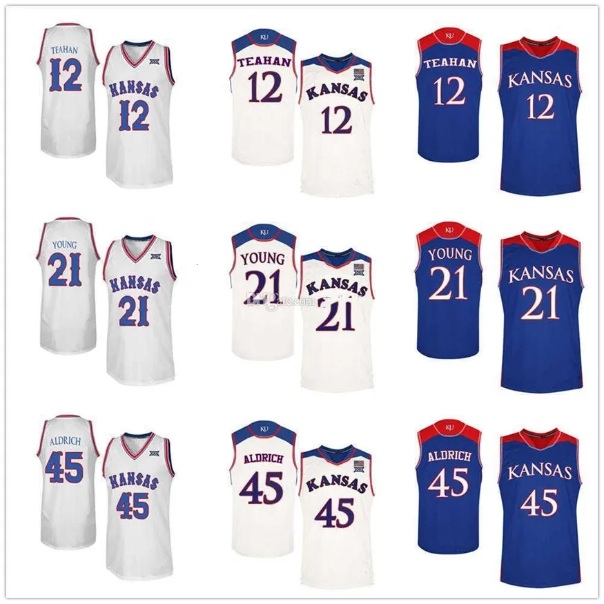 Nikivip Kansas Jayhawks College #12 Chris Teahan #21 Clay Young #45 Cole Aldrich Basketball Jerseys Mens costume