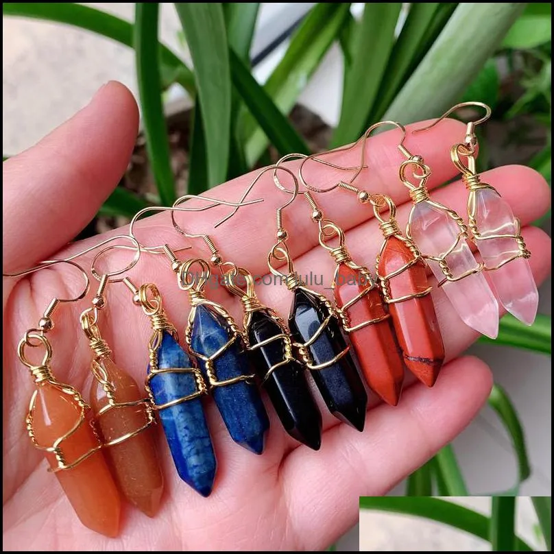 wire wrap natural stone charms drop earrings bullet hexagonal amethysts lapis purple quartz pink crystal earring chakra pendu lulubaby