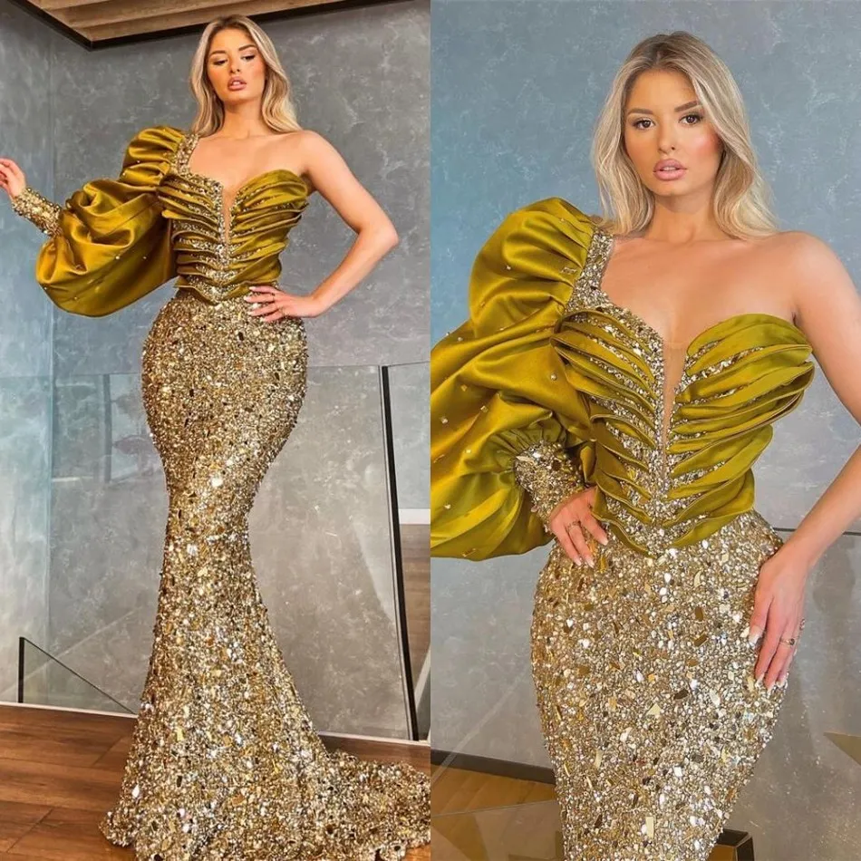 2022 Long Sleeve Gold Beaded Sequined Mermaid Evening Dresses Gowns For Woman Night Wear Party Plus Size Abendkleider B0712x23