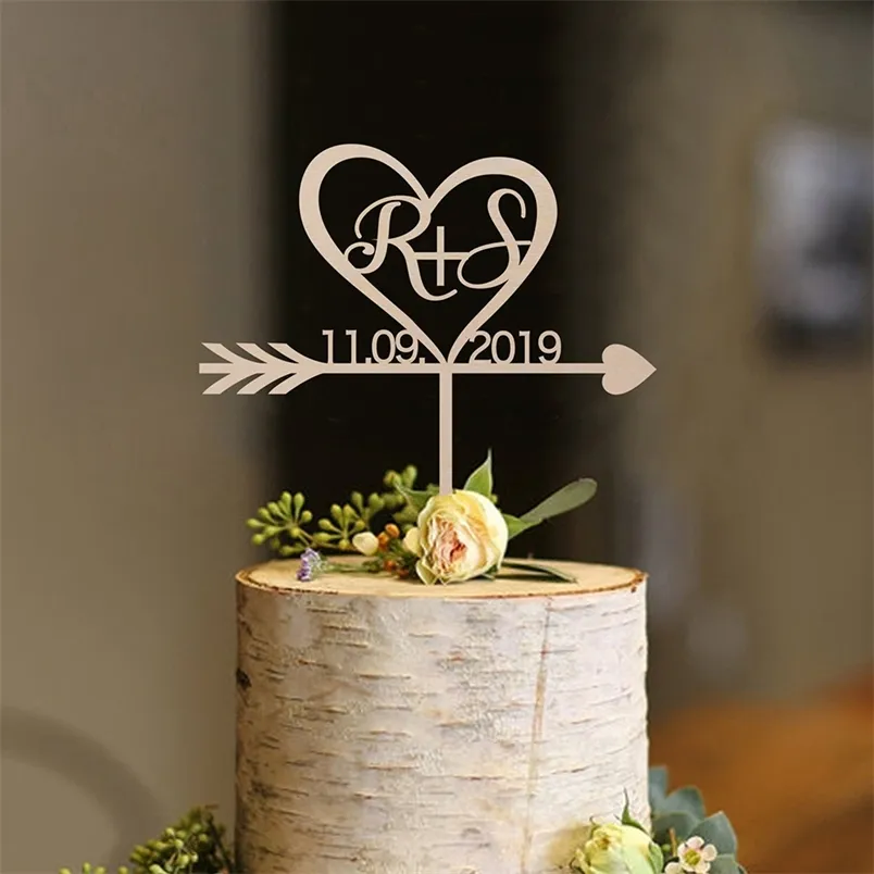 Topper de bolo de formato de coração rústico personalizado, toppers de aniversário personalizados com data de casamento decoração de chuveiro de noiva 220707