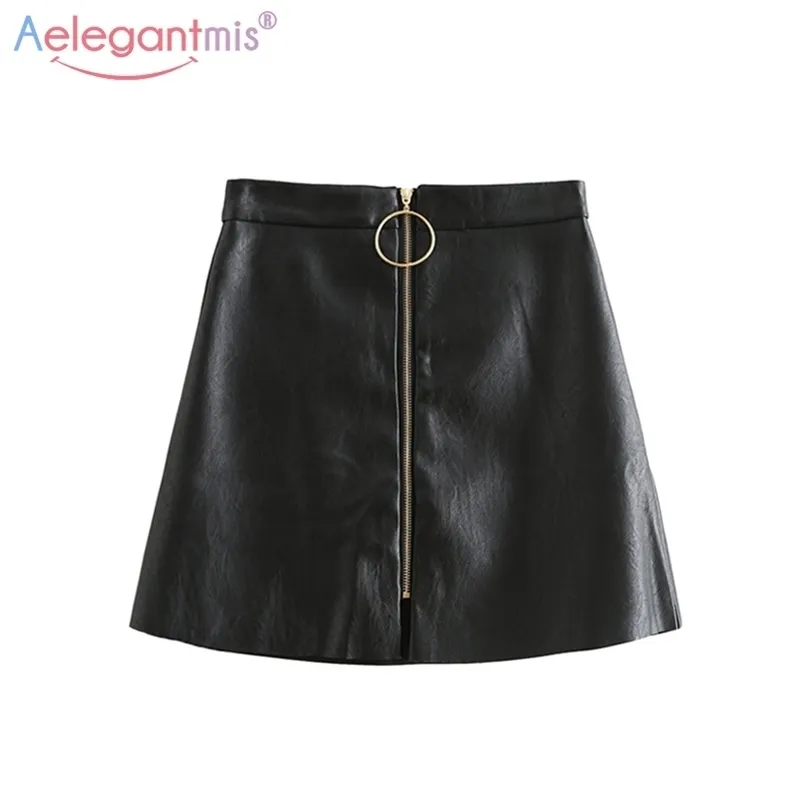 Aelegantmis Spring Summer Casual PU Jupe en cuir Femmes Élégant Zipper Mini ALine Jupe Lady Skinny Taille Haute Jupes Noir 210306