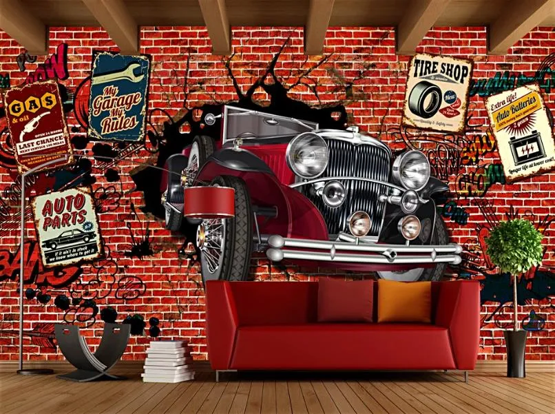 カスタム3D壁紙壁画レトロな落書き車のレンガの壁壁画背景壁紙リビングルームの寝室の壁ステッカーテレビの背景