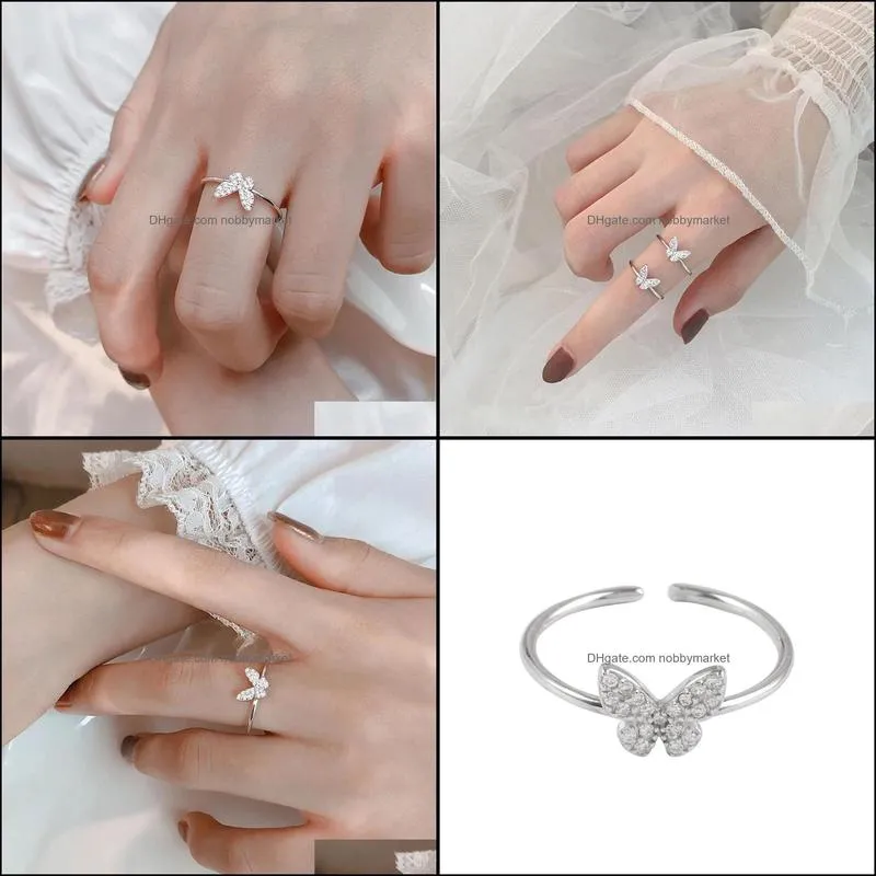 Sterling Silver Hollow Butterfly CZ Ring for Women Adjustable Open Pave Zircon Rings Wedding Jewelry Gift