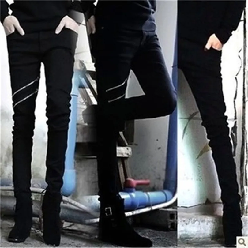 Groothandel Mode Zomer Dunne Double Double Zipper Skinny Teenagers Boys Black Show Thin Hip Hop Streetwear Jeans Men 2834 201123